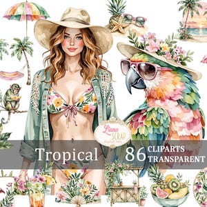 Tropical 86 Digitales Clipart-Set - Sommer PNG, Strandgrafik, Blumenillustrationen, transparente Bilder, Planer Aufkleber, Strand Clipart