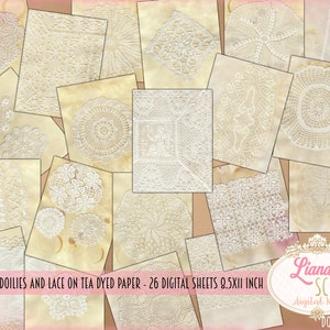 White doilies and lace on tea dyed paper, digital junk journal 8.5x11 inch paper, 26 sheets, vintage lace printables, junk journal kit