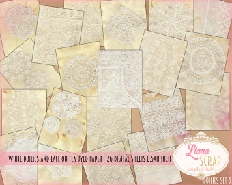 Papel teñido con té, encaje blanco y blondas, kit para diario basura (descarga digital)