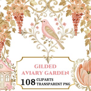 May include: A digital illustration featuring a pink bird perched on a branch, surrounded by floral and grape vine elements in shades of peach, gold, and brown. The image includes text that reads "GILDED AVIARY GARDEN" and "108 CLIPARTS TRANSPARENT PNG".