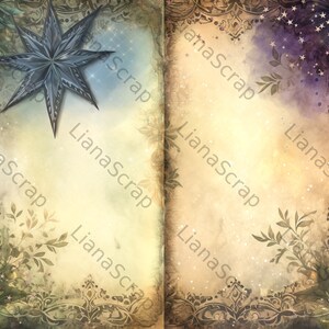 May include: An open book with a vintage, aged paper texture. The pages are decorated with intricate floral designs and a large, blue star on the left page. The right page features a watercolor wash of purple and blue with scattered stars.