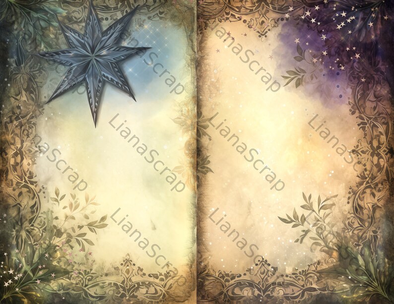 May include: An open book with a vintage, aged paper texture. The pages are decorated with intricate floral designs and a large, blue star on the left page. The right page features a watercolor wash of purple and blue with scattered stars.