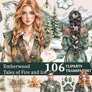 Könnte beinhalten: Aquarell-Clipart-Set mit Illustrationen von Frauen, Männern und Naturelementen. Das Set enthält Bilder einer Frau mit langen Zöpfen, eines Mannes in einem Mantel sowie verschiedene Blumen- und Wintermotive. Der Text lautet "Emberwood Tales of Fire and Ice".