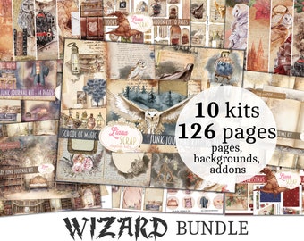 Puede incluir: Un collage de papeles y elementos digitales para scrapbooking y junk journaling. La imagen presenta un tema de magia con búhos, pociones, libros y otros elementos mágicos. El texto "10 kits 126 páginas" es visible en el centro de la imagen. El texto "WIZARD BUNDLE" es visible en la parte inferior de la imagen.