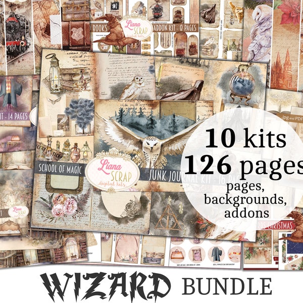 WIZARD Junk Journal BUNDLE - 10 kits, School of Magic Collage Printables, Digital Wizard Kit, 126 magic junk journal pages