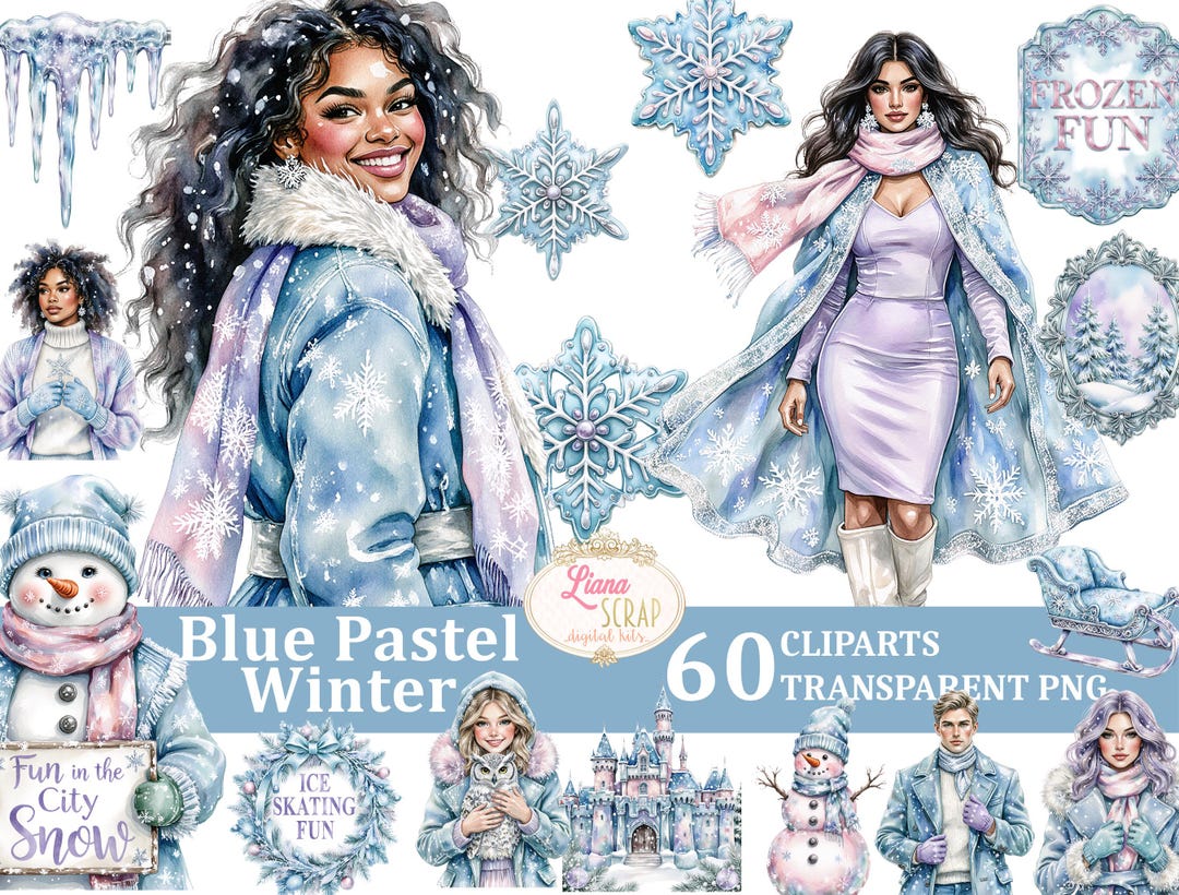 Blue Pastel Winter 60 Clipart Set, Watercolor Snowflakes, Winter