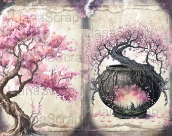 Cherry Blossom Witch Junk Journal Kit, Fantasy Collage (digital