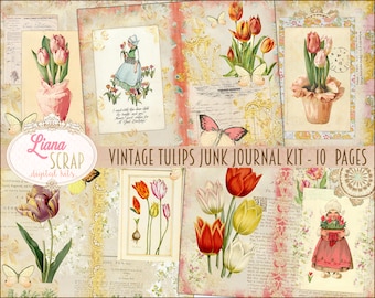 Vintage Tulips Junk Journal Kit, Floral Collage (Digital Download)