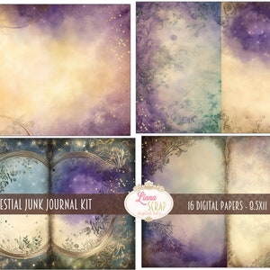 May include: A digital paper pack with 16 celestial themed papers in a purple, blue, and gold color scheme. The papers are 8.5 x 11 inches and feature a variety of textures and patterns. The text "BASIC CELESTIAL JUNK JOURNAL KIT" and "Liana Scrap digital kits" is visible on the image.
