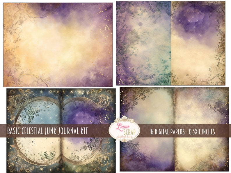 May include: A digital paper pack with 16 celestial themed papers in a purple, blue, and gold color scheme. The papers are 8.5 x 11 inches and feature a variety of textures and patterns. The text "BASIC CELESTIAL JUNK JOURNAL KIT" and "Liana Scrap digital kits" is visible on the image.