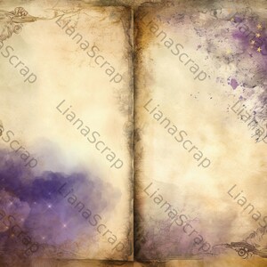 May include: An aged, open book with a textured, cream-colored paper background. The pages have a faded, vintage look with purple watercolor clouds and gold stars. The edges of the pages are decorated with ornate, floral designs.