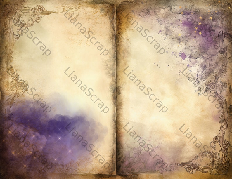 May include: An aged, open book with a textured, cream-colored paper background. The pages have a faded, vintage look with purple watercolor clouds and gold stars. The edges of the pages are decorated with ornate, floral designs.