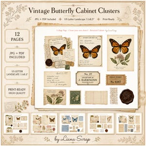 May include: A vintage-style digital collage sheet titled "Vintage Butterfly Cabinet Clusters." The design features butterfly illustrations, botanical elements, and ephemera like tickets and stamps. The text includes "12 pages," "US Letter Landscape 11x8.5," and "Print-Ready."