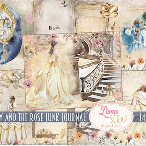 Beauty and the Rose Junk Journal Digital Kit Printable, Fairytale Digital Collage Sheets, Princess Junk Journal Kit, Junk Journal Paper