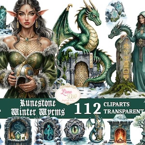 May include: Digital clipart set with fantasy art and a winter theme. Includes illustrations of a woman, dragons, runestones, and architectural elements. The colour palette includes shades of green, gold, and white. The text reads "Runestone Winter Wyrms 112 Cliparts Transparent PNG."