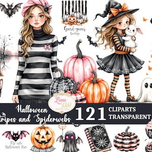 Halloween aquarel clipartset – strepen, spinnenwebben, pompoenen (121 png-afbeeldingen)