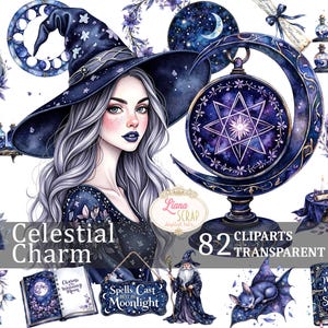 Set di 82 clipart di Celestial Charm - PNG stregoneschi, adesivi digitali, planner, scrapbooking, grafica mistica, chiaro di luna, galassia di Halloween