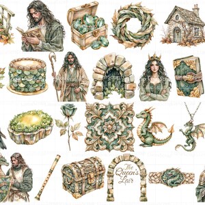 Fantasy Lady Dragon Clipart Set, Watercolor Illustrations (PNG) image 2
