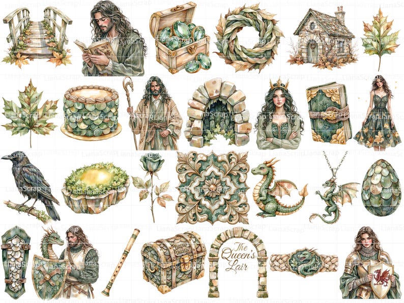 Fantasy Lady Dragon Clipart Set, Watercolor Illustrations (PNG) image 2