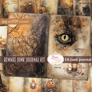 Hüte dich vor Digital Junk Journal Kit, druckbare Halloween Collage, digitale schwarze Katze Kit, Hexe Digital Junk Journal Papier