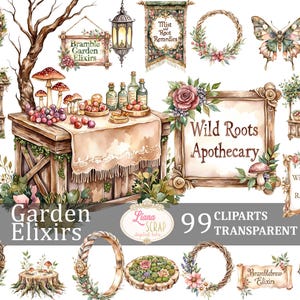 Ensemble de 99 élixirs de jardin, 99 cliparts, herbes botaniques, graphiques floraux, PNG Transparent, planificateur d'art numérique, autocollants, scrapbooking, créations DIY