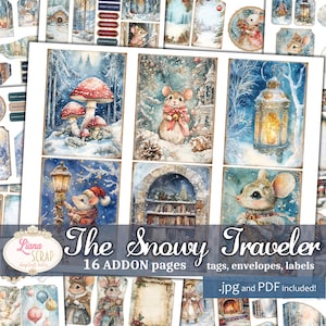 The Snowy Traveler Junk Journal ADDON, Magical Winter Junk Journal Ephemera, ambiance de Noël, découpes hivernales de conte de fées, étiquettes et enveloppes
