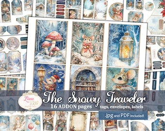 May include: A digital scrapbook kit with 16 pages featuring a winter theme. The kit includes tags, envelopes, and labels with illustrations of mice, snow, and winter scenes. The text "The Snowy Traveler" is featured on the cover.