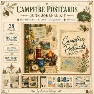 Kit para Diário de Sucata Imprimível: Cartões Postais de Fogueira, 38 páginas de lembranças vintage de acampamento.