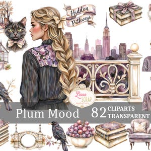 Ensemble de 82 cliparts prune humeur planificateur numérique aquarelle autocollants personnages vintage Floral PNG, ville automne, vie quotidienne