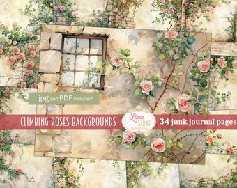 Climbing Roses, Digital Junk Journal, Floral Walls Collage Printable, Background, Nature Journal Paper, Brick Walls with Roses