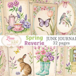 Kit de diário Spring Reverie Junk | 32 páginas vintage para impressão | Papéis florais tamanho carta dos EUA | Scrapbook digital Cottagecore, kit de artesanato faça você mesmo