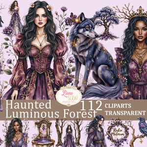 Foresta luminosa infestata 112 set di clipart - Adesivi per planner digitali, arte fantasy, grafica stregonesca, PNG trasparenti per scrapbooking e design