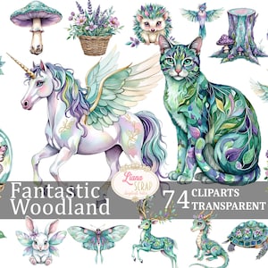 Fantastic Woodland 74 clipartset - aquarel dieren, paddenstoelen, digitale png-stickers, plannerelementen, fantasiebos, magische dieren