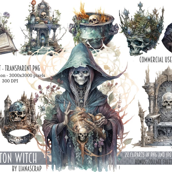 Skeleton Witch Clipart PNG Set, 22 witch clipart, magic commercial use watercolor clip art, PNG skeleton witch theme illustrations