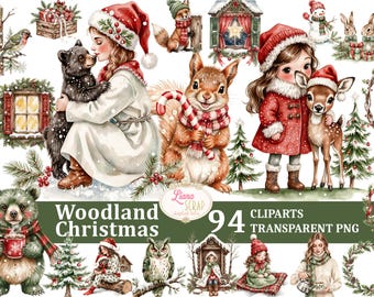 May include: A digital art collection featuring woodland Christmas-themed illustrations. The artwork includes a girl in a red coat with a deer, a squirrel with a candy cane, and various forest animals wearing winter attire. The text reads "Woodland Christmas" and "94 Cliparts Transparent PNG."