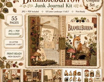 Puede incluir: Kit de diario creativo Brambleburrow con 55 páginas en formato horizontal US letter de 11x8,5 pulgadas. Incluye archivos JPG y PDF imprimibles con ilustraciones de zorros, conejos, setas y moras sobre un fondo de color crema.