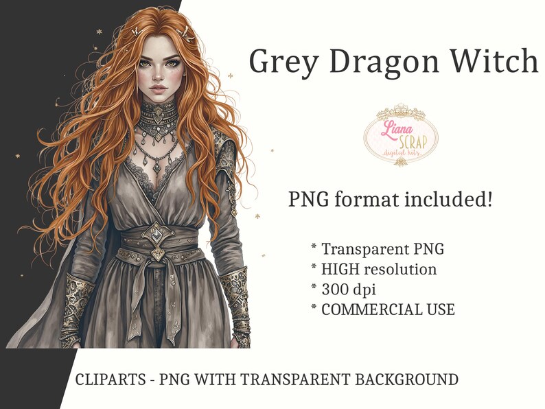 Grey Dragon Witch 72 Digital Clipart Set - PNG, Witchy Art, Dragons, Fantasy Graphics image 5
