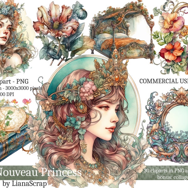 Art Nouveau Princess Clipart PNG Set, 30 art nouveau clipart, commercieel gebruik illustraties, aquarel kunst, PNG art nouveau thema illustraties