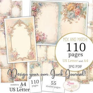 Junk Journal - Floral Frames - US Letter en A4 formaat, Mix en Match Pagina's, Leeg papier met Flower Frames Digitaal Papier in PDF en JPG