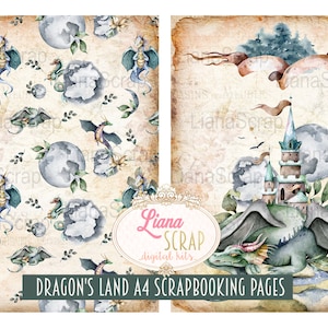 Puede incluir: Dos p&aacute;ginas de scrapbooking digital con un tema de drag&oacute;n y castillo. La primera p&aacute;gina tiene un patr&oacute;n repetitivo de dragones, lunas y hojas sobre un fondo beige claro. La segunda p&aacute;gina presenta un gran drag&oacute;n verde con un castillo en el fondo. El texto "DRAGON'S LAND A4 SCRAPBOOKING PAGES" est&aacute; en la parte inferior de las p&aacute;ginas.