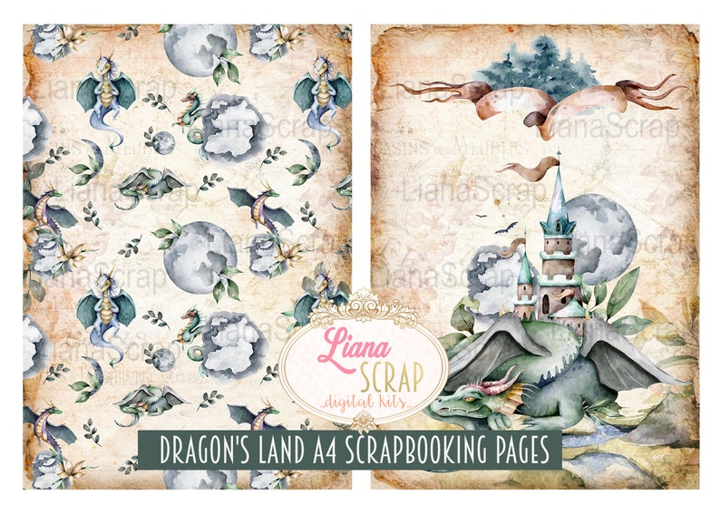 Puede incluir: Dos p&aacute;ginas de scrapbooking digital con un tema de drag&oacute;n y castillo. La primera p&aacute;gina tiene un patr&oacute;n repetitivo de dragones, lunas y hojas sobre un fondo beige claro. La segunda p&aacute;gina presenta un gran drag&oacute;n verde con un castillo en el fondo. El texto "DRAGON'S LAND A4 SCRAPBOOKING PAGES" est&aacute; en la parte inferior de las p&aacute;ginas.