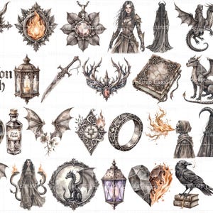 Grey Dragon Witch 72 Digital Clipart Set - PNG, Witchy Art, Dragons, Fantasy Graphics image 2