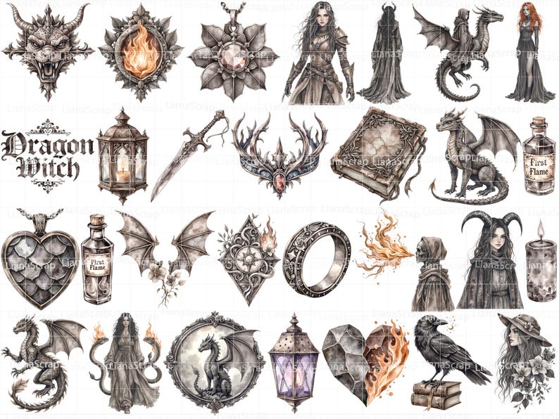 Grey Dragon Witch 72 Digital Clipart Set - PNG, Witchy Art, Dragons, Fantasy Graphics image 2
