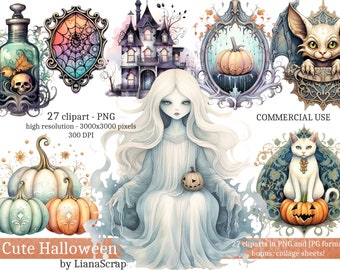 Cute Halloween Clipart PNG Set, 27 Halloween clipart, commercial use clip art, watercolor, PNG pastel Halloween theme illustrations