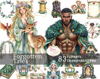 Ensemble de cliparts de conte de fées, illustrations aquarelles fantastiques (83 PNG)