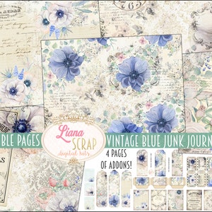 Vintage Blue Junk Journal Digital Kit Printable, Flowers Digital Collage Sheets, Junk Journal Paper