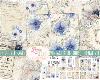 Kit numérique de journal indésirable bleu vintage imprimable, feuilles de collage numérique de fleurs, papier de journal indésirable