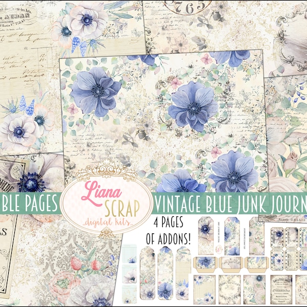 Vintage Blue Junk Journal Digital Kit Printable, Flowers Digital Collage Sheets, Junk Journal Paper