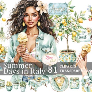 Zomerdagen in Italië 81 digitale clipartset, transparante png, Italiaanse zomer, bloemen, mode, voedselillustraties, plannerstickers