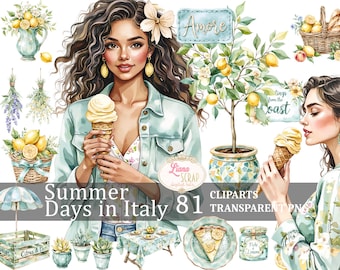 Italian Summer Watercolor Clipart Set, Fashion, Floral, Food (PNG)